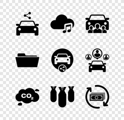 Set Car sharing, Music streaming service, , CO2 emissions cloud, Aviation bombs and Refund money icon. Vector
