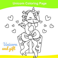 Unicorn coloring worksheet page. Coloring kawaii unicorn worksheet page. Educational printable coloring worksheet. Additional worksheet for kids. Vector illustration in cartoon style. 