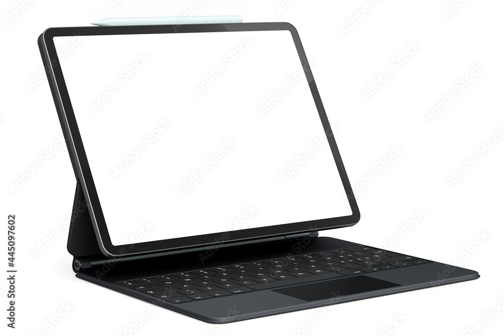 Poster computer tablet with keyboard and blank screen isolated on white background.