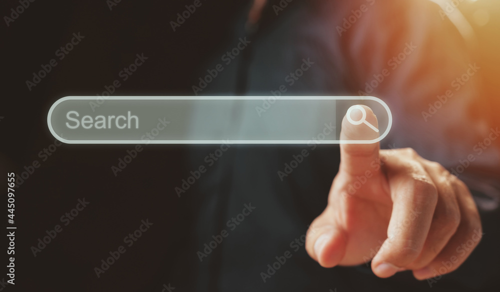 Aufkleber Searching browsing internet data information networking concept, Businessman clicking internet search page on computer touch screen, copy space.