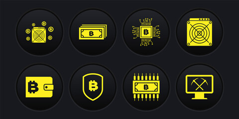 Set Cryptocurrency wallet, ASIC Miner, Shield with bitcoin, circuit, CPU mining farm and icon. Vector