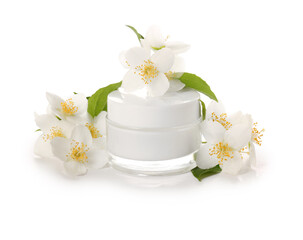 Fototapeta na wymiar Jar of cream and jasmine flowers on white background