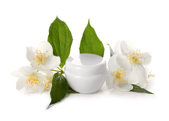 Fototapeta na wymiar Jar of cream and jasmine flowers on white background