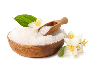 Fototapeta na wymiar Bowl with sea salt and jasmine flowers on white background