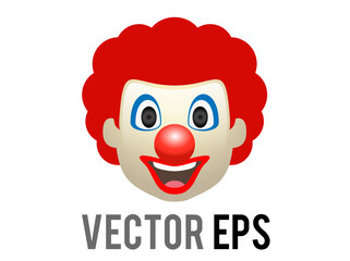 Vector circus or birthday clown icon with white face makeup, red nose, exaggerated eyes and smile