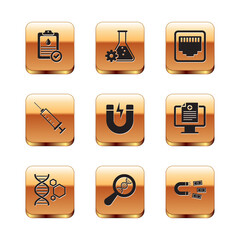Set Clipboard with blood test, Genetic engineering, DNA research, search, Magnet lightning, Syringe and Network port cable socket icon. Vector