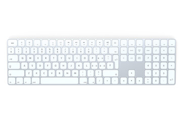 Modern aluminum computer keyboard isolated on white background.