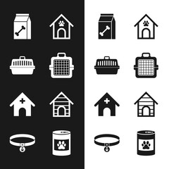Set Pet carry case, , Bag of food for pet, Dog house and paw print, Veterinary medicine hospital and icon. Vector