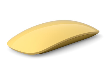 Realistic gold wireless computer mouse with touch isolated on black background.