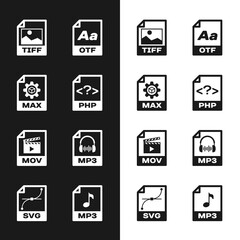 Set PHP file document, MAX, TIFF, OTF, MOV and MP3 icon. Vector