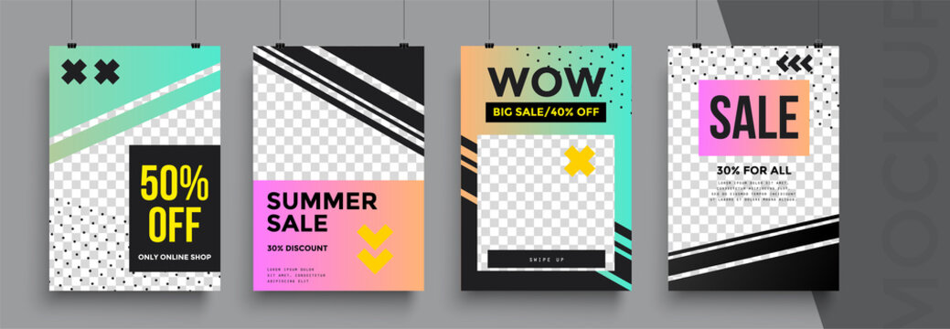 Marketplace card template. Set of bright vibrant banners, posters, cover design templates, social media stories wallpapers