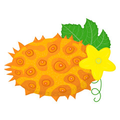Fresh whole yellow kiwano fruit with leaf and flower isolated on white background. Summer fruits for healthy lifestyle. Organic fruit. Cartoon style. Vector illustration for any design.