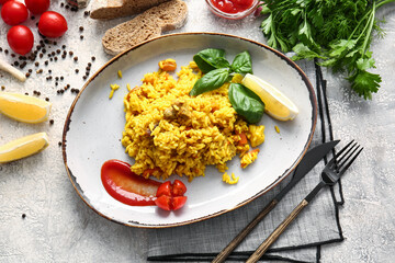 Plate with tasty pilaf on light background