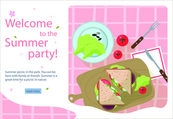 Summer picnic party. sandwich on plate on tablecloth.Vector illustration. Summertime Poster or banner. Concept landing page, web page design for website