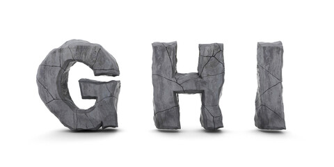 3D Letters GHI Rock or Stone on white background or Cracked stone