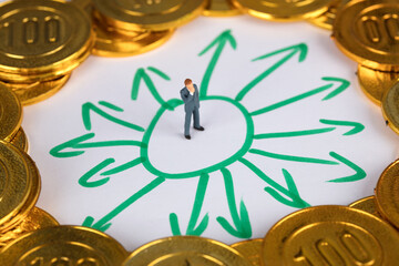 A businessman surrounded by gold coins facing a choice