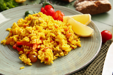 Plate with tasty pilaf on color wooden background
