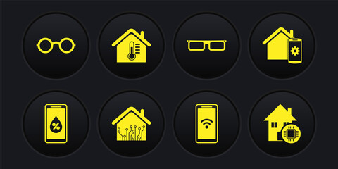 Set Humidity for smart home, Smart remote control system, Mobile with wi-fi wireless, Glasses, House temperature, and icon. Vector