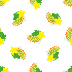 Seamless pattern with fresh yellow kiwano fruit and flowers isolated on white background. Summer fruits for healthy lifestyle. Organic fruit. Cartoon style. Vector illustration for any design.