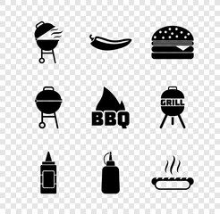 Set Barbecue grill, Hot chili pepper pod, Burger, Mustard bottle, Hotdog sandwich, and fire flame icon. Vector