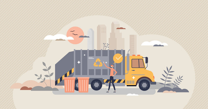 Waste management, garbage recycling with disposal truck tiny person concept. Professional trash handling with environmental segregation and sustainable daily collection for reuse vector illustration.