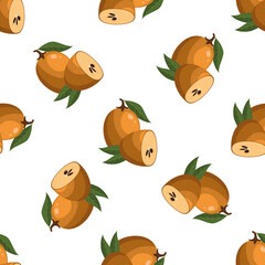 Seamless pattern with fresh sapodilla fruits isolated on white background. Summer fruits for healthy lifestyle. Organic fruit. Cartoon style. Vector illustration for any design.
