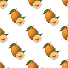 Seamless pattern with fresh sapodilla fruits isolated on white background. Summer fruits for healthy lifestyle. Organic fruit. Cartoon style. Vector illustration for any design.