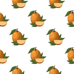 Seamless pattern with fresh sapodilla fruits isolated on white background. Summer fruits for healthy lifestyle. Organic fruit. Cartoon style. Vector illustration for any design.