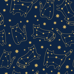 Seamless pattern in the constellation of cats. Hand draw style. Night cat in stars and lines. Original texture for textile, fabric, wallpaper, apparel clothing, banner, poster, postcard. © Hanna