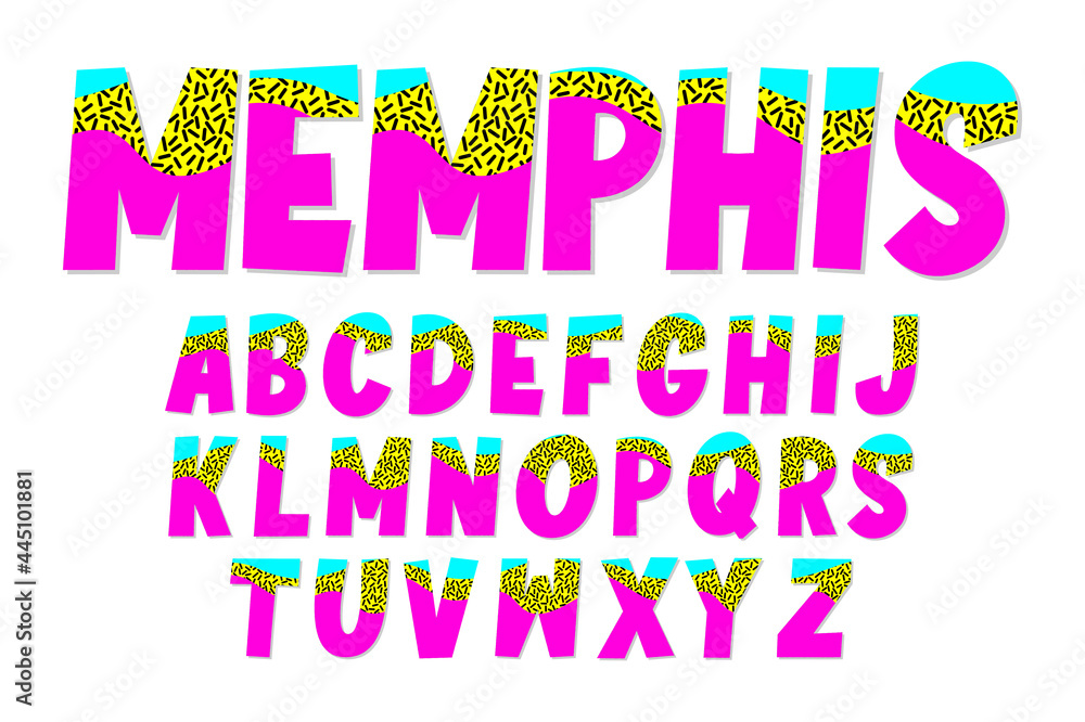 Poster pop art alphabet style. memphis style font for retro sticker and design project