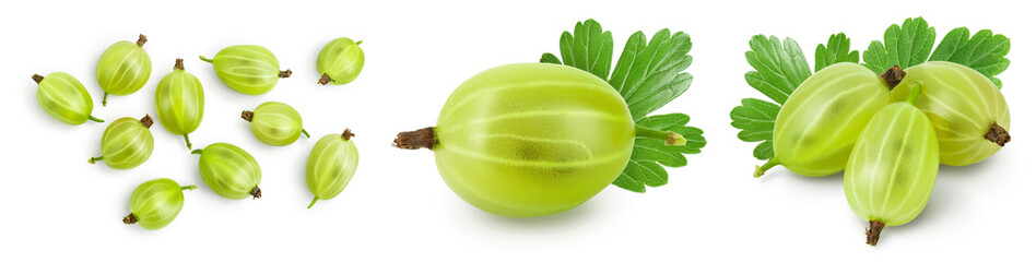 Green gooseberry isolated on white background. Set or collection