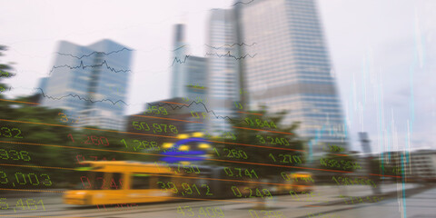 Financial banner with the Frankfurt financial district on the background. Concept for finance, economy, europe, euro zone, commerce, Euro. 3d render composition photography.