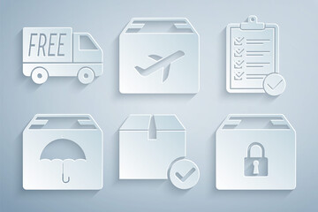 Set Package box with check mark, Verification of delivery list, Delivery package umbrella, Locked, Plane and cardboard and Free service icon. Vector