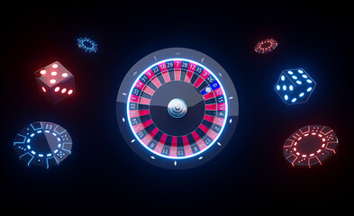 Casino Gambling Concept. Roulette Wheel, Chips And Dices With Futuristic Red And Blue Neon Lights - 3D Illustration	
