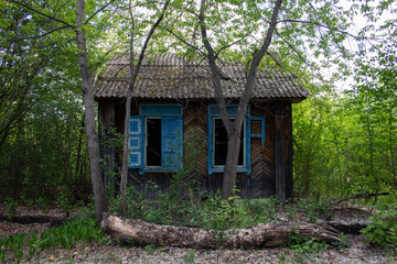 An abandoned log house with shutters on the windows. An old wooden house abandoned in the forest.