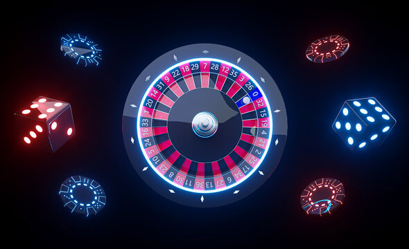 Casino Gambling Concept. Roulette Wheel, Chips And Dices With Futuristic Red And Blue Neon Lights - 3D Illustration