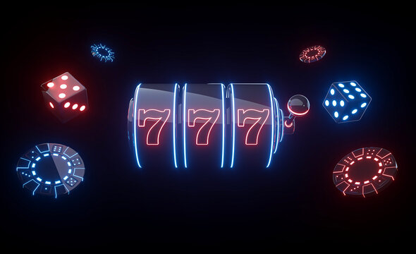 Casino Gambling Concept. Slot Machine, Chips And Dices With Futuristic Red And Blue Neon Lights - 3D Illustration	
