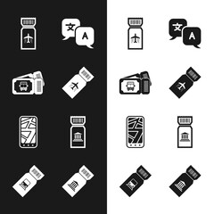 Set Airline ticket, Bus, Translator, Infographic of city map, Museum, and Train icon. Vector