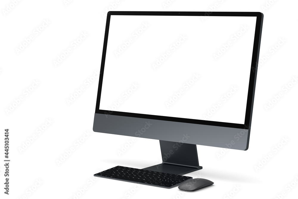 Aufkleber realistic dark grey computer screen display with keyboard and mouse on white