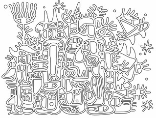 Black and white cartoon pattern on white background, abstract design	
