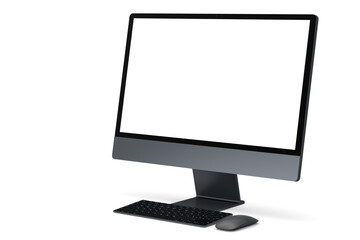 Realistic dark grey computer screen display with keyboard and mouse on white