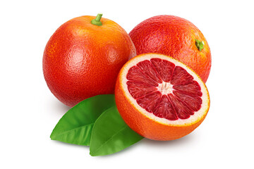 Blood red oranges with half isolated on white background with clipping path and full depth of field