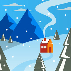 Fototapeta na wymiar Winter landscape. A house near the snow-capped mountains. Vector illustration.