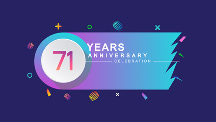 71st years anniversary celebration with colorful design, circle and ribbon isolated on dark background