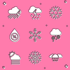 Set Cloud with rain and lightning, Snowflake, Water drop percentage, and snow icon. Vector