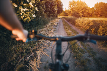 first-person view of riding a bike in a rural area. Cycling through the countryside road on the warm summer evening. Blurred bicycle handlebar with green grass and bushes in the background.