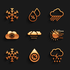 Set Cloud with snow, Water drop percentage, rain and lightning, Fog sun, Snowflake and icon. Vector
