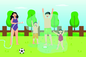 Quality time vector concept: Young family enjoying quality time with water hose in the backyard 