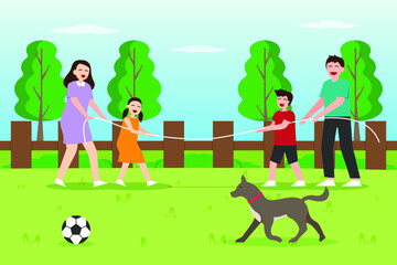 Obraz na płótnie Canvas Family time vector concept:Young family playing tug of war in the park while enjoying leisure time 