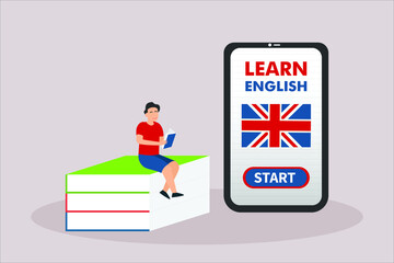 Learning english vector concept: Young male student learning english with application on mobile phone 